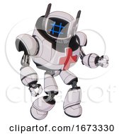 Poster, Art Print Of Cyborg Containing Digital Display Head And Hashtag Face And Winglets And Heavy Upper Chest And First Aid Chest Symbol And Light Leg Exoshielding White Halftone Toon Fight Or Defense Pose