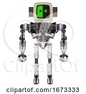 Automaton Containing Old Computer Monitor And Abstract Mask Pixel Face And Old Retro Speakers And Heavy Upper Chest And No Chest Plating And Ultralight Foot Exosuit White Halftone Toon Front View
