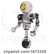 Poster, Art Print Of Cyborg Containing Round Head Yellow Happy Face And Heavy Upper Chest And No Chest Plating And Unicycle Wheel White Halftone Toon Facing Right View
