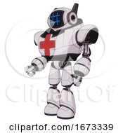 Poster, Art Print Of Cyborg Containing Digital Display Head And Hashtag Face And Winglets And Heavy Upper Chest And First Aid Chest Symbol And Light Leg Exoshielding White Halftone Toon Facing Right View