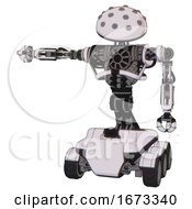 Poster, Art Print Of Mech Containing Metal Knucklehead Design And Heavy Upper Chest And No Chest Plating And Six-Wheeler Base White Halftone Toon Arm Out Holding Invisible Object