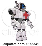 Poster, Art Print Of Cyborg Containing Digital Display Head And Hashtag Face And Winglets And Heavy Upper Chest And First Aid Chest Symbol And Light Leg Exoshielding White Halftone Toon Facing Left View