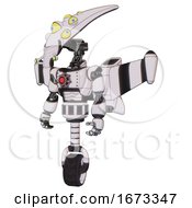 Android Containing Flat Elongated Skull Head And Yellow Eyeball Array And Light Chest Exoshielding And Red Energy Core And Stellar Jet Wing Rocket Pack And Unicycle Wheel White Halftone Toon