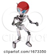 Poster, Art Print Of Droid Containing Grey Alien Style Head And Blue Grate Eyes And Red V And Red Helmet And Light Chest Exoshielding And No Chest Plating And Ultralight Foot Exosuit White Halftone Toon
