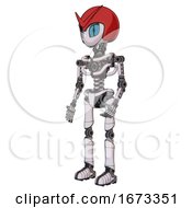 Droid Containing Grey Alien Style Head And Blue Grate Eyes And Red V And Red Helmet And Light Chest Exoshielding And No Chest Plating And Ultralight Foot Exosuit White Halftone Toon