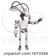 Poster, Art Print Of Droid Containing Flat Elongated Skull Head And Cables And Light Chest Exoshielding And Prototype Exoplate Chest And Ultralight Foot Exosuit White Halftone Toon Pointing Left Or Pushing A Button