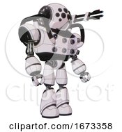Poster, Art Print Of Droid Containing Round Head And Bug Eye Array And Heavy Upper Chest And Chest Energy Sockets And Light Leg Exoshielding White Halftone Toon Facing Left View