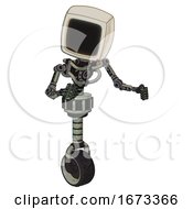 Poster, Art Print Of Droid Containing Old Computer Monitor And Light Chest Exoshielding And No Chest Plating And Unicycle Wheel Green Metal Fight Or Defense Pose