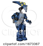 Poster, Art Print Of Mech Containing Flat Elongated Skull Head And Yellow Eyeball Array And Light Chest Exoshielding And Chest Green Blue Lights Array And Rocket Pack And Prototype Exoplate Legs Blue Halftone