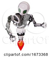 Poster, Art Print Of Bot Containing Grey Alien Style Head And Led Array Eyes And Heavy Upper Chest And No Chest Plating And Jet Propulsion White Halftone Toon Fight Or Defense Pose