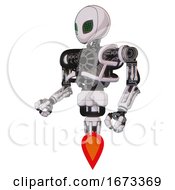 Poster, Art Print Of Bot Containing Grey Alien Style Head And Led Array Eyes And Heavy Upper Chest And No Chest Plating And Jet Propulsion White Halftone Toon Facing Right View