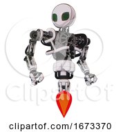 Poster, Art Print Of Bot Containing Grey Alien Style Head And Led Array Eyes And Heavy Upper Chest And No Chest Plating And Jet Propulsion White Halftone Toon Hero Pose