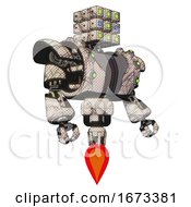 Poster, Art Print Of Bot Containing Dual Retro Camera Head And Cube Array Head And Heavy Upper Chest And Heavy Mech Chest And Green Cable Sockets Array And Jet Propulsion Halftone Sketch Facing Left View