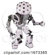 Poster, Art Print Of Robot Containing Black Sphere Cam Design And Heavy Upper Chest And No Chest Plating And Prototype Exoplate Legs White Halftone Toon Fight Or Defense Pose