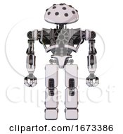 Poster, Art Print Of Robot Containing Black Sphere Cam Design And Heavy Upper Chest And No Chest Plating And Prototype Exoplate Legs White Halftone Toon Front View
