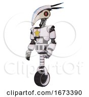 Poster, Art Print Of Mech Containing Bird Skull Head And Red Line Eyes And Head Shield Design And Light Chest Exoshielding And Yellow Star And Unicycle Wheel White Halftone Toon Facing Right View