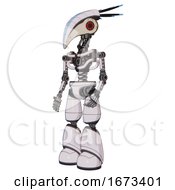 Poster, Art Print Of Bot Containing Bird Skull Head And Red Led Circle Eyes And Head Shield Design And Light Chest Exoshielding And No Chest Plating And Light Leg Exoshielding White Halftone Toon Facing Right View