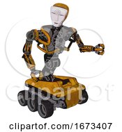 Poster, Art Print Of Robot Containing Humanoid Face Mask And Spiral Design And Heavy Upper Chest And No Chest Plating And Six-Wheeler Base Worn Construction Yellow Fight Or Defense Pose