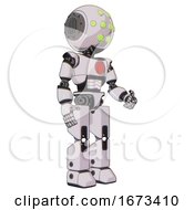 Poster, Art Print Of Cyborg Containing Round Head And Green Eyes Array And Light Chest Exoshielding And Red Chest Button And Prototype Exoplate Legs White Halftone Toon Facing Left View
