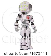 Poster, Art Print Of Cyborg Containing Round Head And Green Eyes Array And Light Chest Exoshielding And Red Chest Button And Prototype Exoplate Legs White Halftone Toon Hero Pose