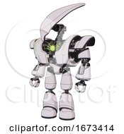 Poster, Art Print Of Android Containing Flat Elongated Skull Head And Heavy Upper Chest And Heavy Mech Chest And Green Energy Core And Light Leg Exoshielding White Halftone Toon Standing Looking Right Restful Pose
