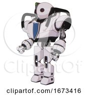 Poster, Art Print Of Mech Containing Oval Wide Head And Small Red Led Eyes And Green Led Ornament And Heavy Upper Chest And Blue Shield Defense Design And Prototype Exoplate Legs White Halftone Toon Facing Right View