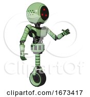 Poster, Art Print Of Droid Containing Three Led Eyes Round Head And Light Chest Exoshielding And Ultralight Chest Exosuit And Unicycle Wheel Green Tint Toon Interacting