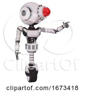 Poster, Art Print Of Bot Containing Round Head And Red Laser Crystal Array And Head Light Gadgets And Light Chest Exoshielding And Ultralight Chest Exosuit And Unicycle Wheel White Halftone Toon