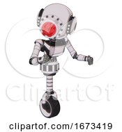 Poster, Art Print Of Bot Containing Round Head And Red Laser Crystal Array And Head Light Gadgets And Light Chest Exoshielding And Ultralight Chest Exosuit And Unicycle Wheel White Halftone Toon Fight Or Defense Pose