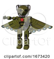 Poster, Art Print Of Mech Containing Oval Wide Head And Barbed Wire Visor Helmet And Light Chest Exoshielding And Red Chest Button And Cherub Wings Design And Prototype Exoplate Legs Army Green Halftone
