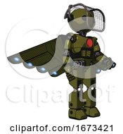 Mech Containing Oval Wide Head And Barbed Wire Visor Helmet And Light Chest Exoshielding And Red Chest Button And Cherub Wings Design And Prototype Exoplate Legs Army Green Halftone