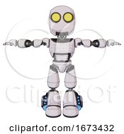 Poster, Art Print Of Droid Containing Round Head And Large Yellow Eyes And Light Chest Exoshielding And Chest Green Blue Lights Array And Light Leg Exoshielding And Megneto-Hovers Foot Mod White Halftone Toon T-Pose
