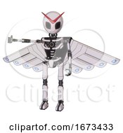 Poster, Art Print Of Android Containing Grey Alien Style Head And Black Eyes And Light Chest Exoshielding And Cherub Wings Design And No Chest Plating And Ultralight Foot Exosuit White Halftone Toon