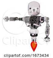 Poster, Art Print Of Bot Containing Round Head And Heavy Upper Chest And No Chest Plating And Jet Propulsion And Cat Face White Halftone Toon Arm Out Holding Invisible Object