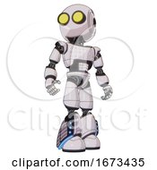 Poster, Art Print Of Droid Containing Round Head And Large Yellow Eyes And Light Chest Exoshielding And Chest Green Blue Lights Array And Light Leg Exoshielding And Megneto-Hovers Foot Mod White Halftone Toon Hero Pose