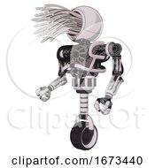 Poster, Art Print Of Bot Containing Round Fiber Optic Connectors Head And Heavy Upper Chest And No Chest Plating And Unicycle Wheel White Halftone Toon Facing Right View