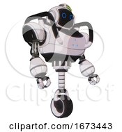 Poster, Art Print Of Android Containing Digital Display Head And Circle Eyes And Green Led Array And Heavy Upper Chest And Triangle Of Blue Leds And Unicycle Wheel White Halftone Toon Facing Left View