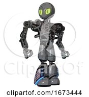 Poster, Art Print Of Mech Containing Grey Alien Style Head And Cats Eyes And Heavy Upper Chest And No Chest Plating And Light Leg Exoshielding And Megneto-Hovers Foot Mod Patent Concrete Gray Metal Hero Pose