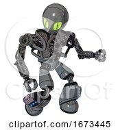 Poster, Art Print Of Mech Containing Grey Alien Style Head And Cats Eyes And Heavy Upper Chest And No Chest Plating And Light Leg Exoshielding And Megneto-Hovers Foot Mod Patent Concrete Gray Metal