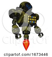 Poster, Art Print Of Robot Containing Digital Display Head And Woo Expression And Heavy Upper Chest And Colored Lights Array And Jet Propulsion Grunge Army Green Facing Left View