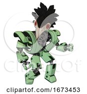 Poster, Art Print Of Automaton Containing Bird Skull Head And Red Led Circle Eyes And Crow Feather Design And Heavy Upper Chest And Heavy Mech Chest And Prototype Exoplate Legs Green Tint Toon Fight Or Defense Pose