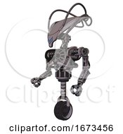 Poster, Art Print Of Bot Containing Flat Elongated Skull Head And Cables And Heavy Upper Chest And No Chest Plating And Unicycle Wheel Halftone Gray Facing Right View