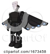 Poster, Art Print Of Robot Containing Humanoid Face Mask And Light Chest Exoshielding And Prototype Exoplate Chest And Cherub Wings Design And Prototype Exoplate Legs Clean Black Facing Right View