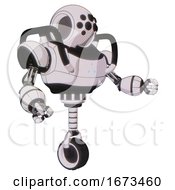 Poster, Art Print Of Automaton Containing Round Head And Bug Eye Array And Heavy Upper Chest And Triangle Of Blue Leds And Unicycle Wheel White Halftone Toon Interacting