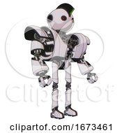 Poster, Art Print Of Automaton Containing Oval Wide Head And Small Red Led Eyes And Techno Mohawk And Heavy Upper Chest And Heavy Mech Chest And Ultralight Foot Exosuit White Halftone Toon Facing Left View