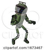 Poster, Art Print Of Droid Containing Digital Display Head And Sleeping Face And Led And Protection Bars And Light Chest Exoshielding And Prototype Exoplate Chest And Ultralight Foot Exosuit Grunge Grass Green