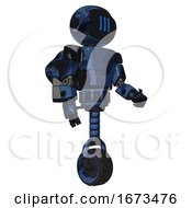 Poster, Art Print Of Automaton Containing Digital Display Head And Three Vertical Line Design And Light Chest Exoshielding And Prototype Exoplate Chest And Rocket Pack And Unicycle Wheel Grunge Dark Blue