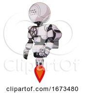 Poster, Art Print Of Cyborg Containing Dots Array Face And Light Chest Exoshielding And Chest Valve Crank And Rocket Pack And Jet Propulsion White Halftone Toon Facing Right View
