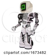 Poster, Art Print Of Automaton Containing Old Computer Monitor And Pixel Square Design And Heavy Upper Chest And No Chest Plating And Light Leg Exoshielding And Stomper Foot Mod White Halftone Toon Facing Right View