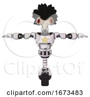 Poster, Art Print Of Android Containing Bird Skull Head And Red Led Circle Eyes And Crow Feather Design And Light Chest Exoshielding And Yellow Star And Unicycle Wheel White Halftone Toon T-Pose